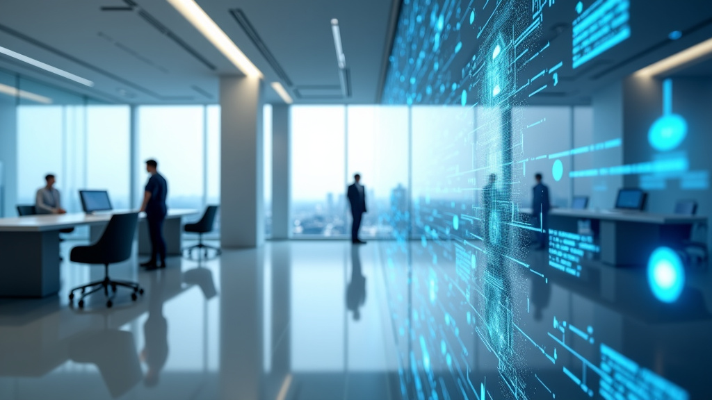 Futuristic Minimalist Office Workspace A modern office workspace with holographic displays and cool blue lighting