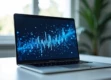 A modern, minimalist workspace scene featuring a sleek laptop with an elegant spreadsheet interface and glowing blue patterns above it.