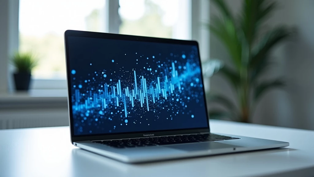 A modern, minimalist workspace scene featuring a sleek laptop with an elegant spreadsheet interface and glowing blue patterns above it.