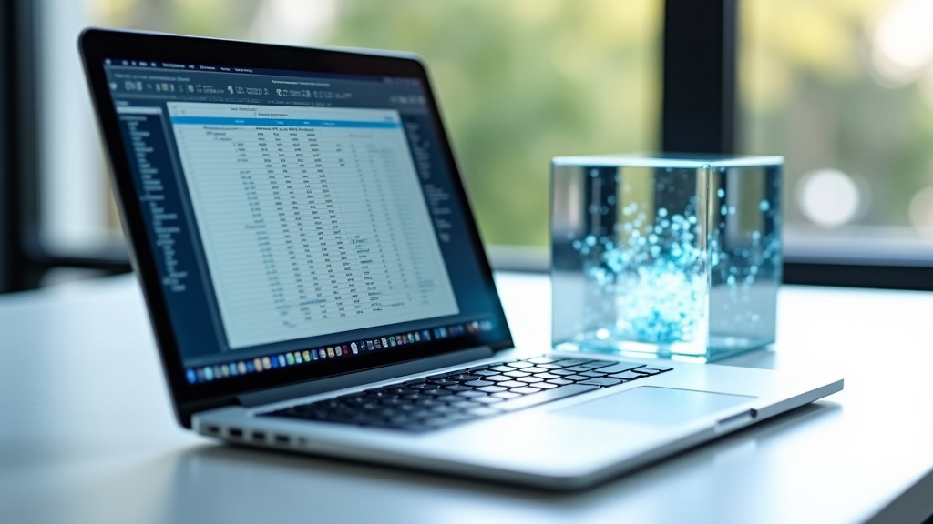 A modern, minimalist workspace with a sleek laptop displaying a spreadsheet interface shot from above.