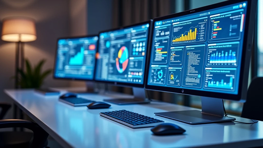 A modern office workspace with glowing computer screens showing marketing analytics dashboards.