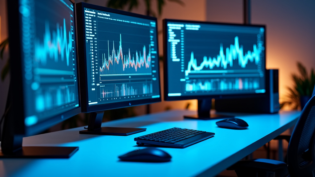 A modern workspace with multiple computer monitors displaying analytical dashboards and SEO metrics from an over-the-shoulder perspective.