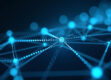 A modern, minimalist composition of translucent, interconnected geometric nodes glowing with soft blue light against a dark background, representing a neural network.