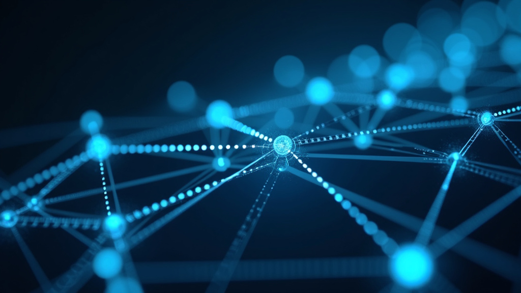 A modern, minimalist composition of translucent, interconnected geometric nodes glowing with soft blue light against a dark background, representing a neural network.