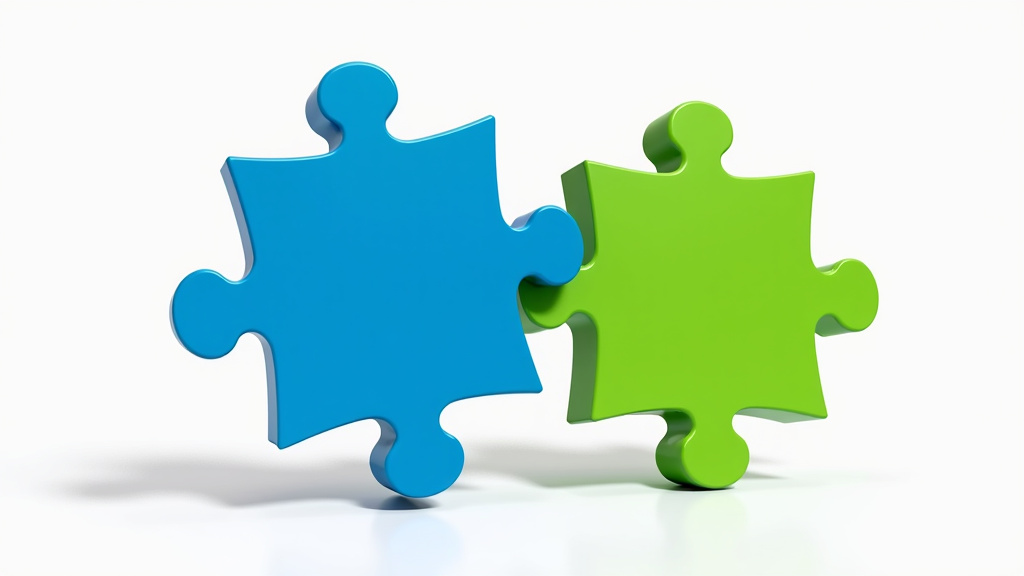 Sales and Marketing Puzzle Pieces Two interlocking puzzle pieces in blue and green floating against a white background, representing Sales and Marketing respectively, with a digital glow effect.