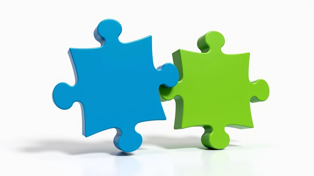 Two interlocking puzzle pieces in blue and green floating against a white background, representing Sales and Marketing respectively, with a digital glow effect.