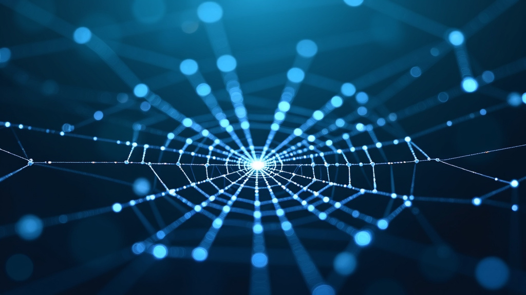 Digital Spider Web Structure A digital spider web structure against a deep blue background with glowing nodes and varying thicknesses of strands.