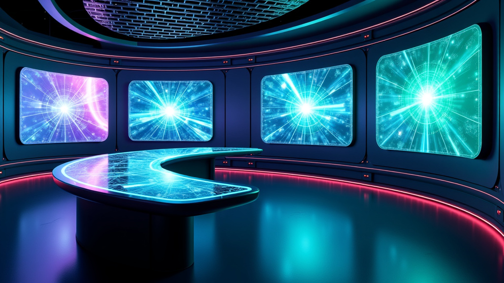 Futuristic Control Center Design A sleek, futuristic control center featuring holographic displays in a modern space.