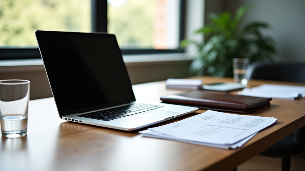 Minimalist Office Workspace with Modern Laptop A clean, minimalist office workspace with a modern laptop and legal documents on a polished desk.