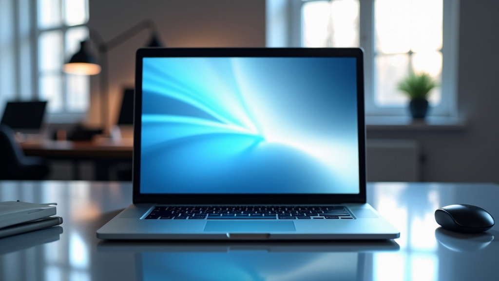 Professional Minimalist Desk Setup A minimalist desk setup in natural light featuring a modern laptop with a network visualization diagram in soft blue and white tones.