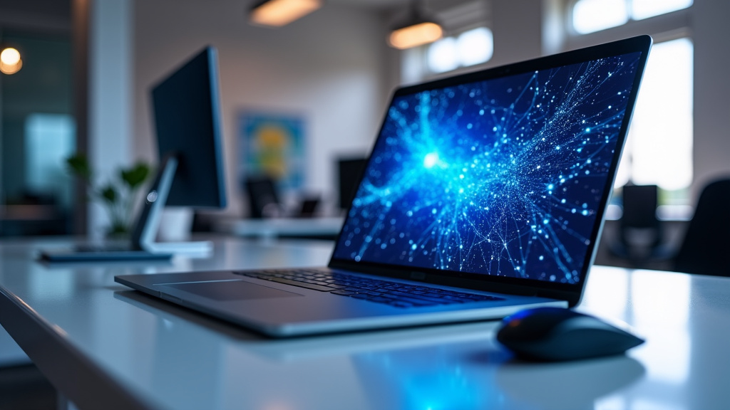 A sleek, minimalist office workspace with a modern laptop displaying a dynamic blue interface with glowing neural network patterns.