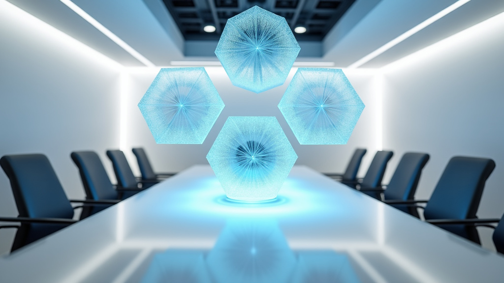 Sophisticated Conference Room with Holographic Displays A sophisticated modern conference room with floating frosted glass hexagonal displays emitting a soft blue glow, featuring sleek architecture and neural network patterns.