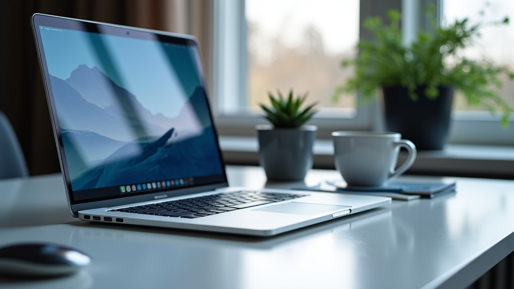 Sleek Modern Office Desk Setup A sleek, modern office desk setup with a glossy laptop and minimalist aesthetic.