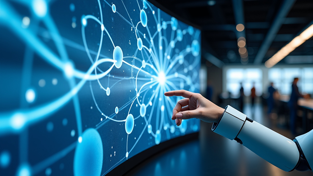 Harmonious Interaction of Human and Machine in Modern Office A modern office with a robotic arm and human hand interacting with a hologram.