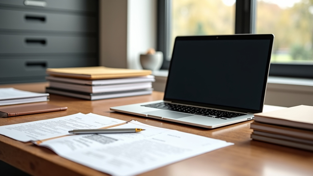 Modern Minimalist Home Office Setting A modern home office with a polished wooden desk and organized documents.