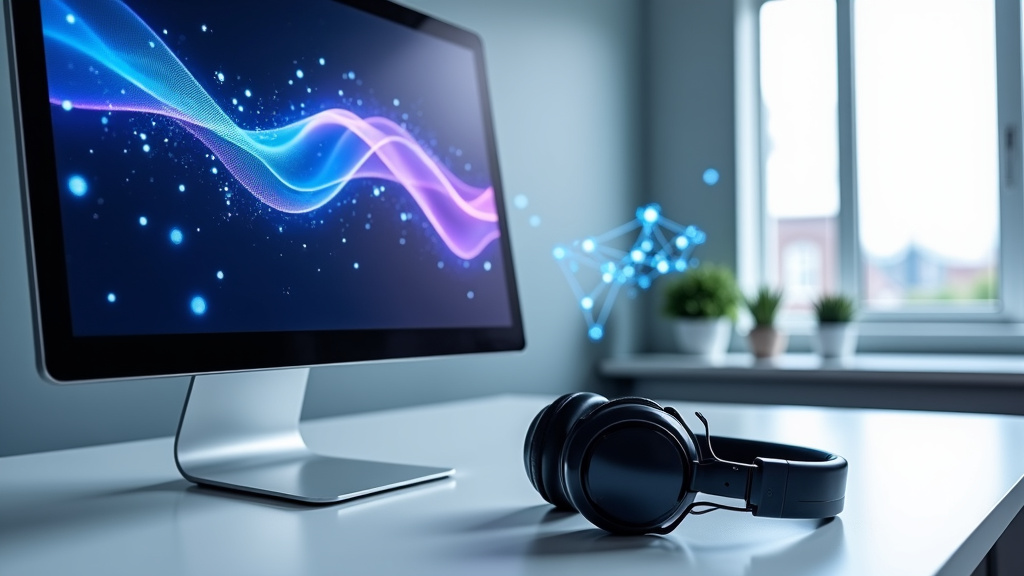 Modern Office Workspace with AI Elements A clean and modern office workspace featuring a sleek computer monitor and headset.