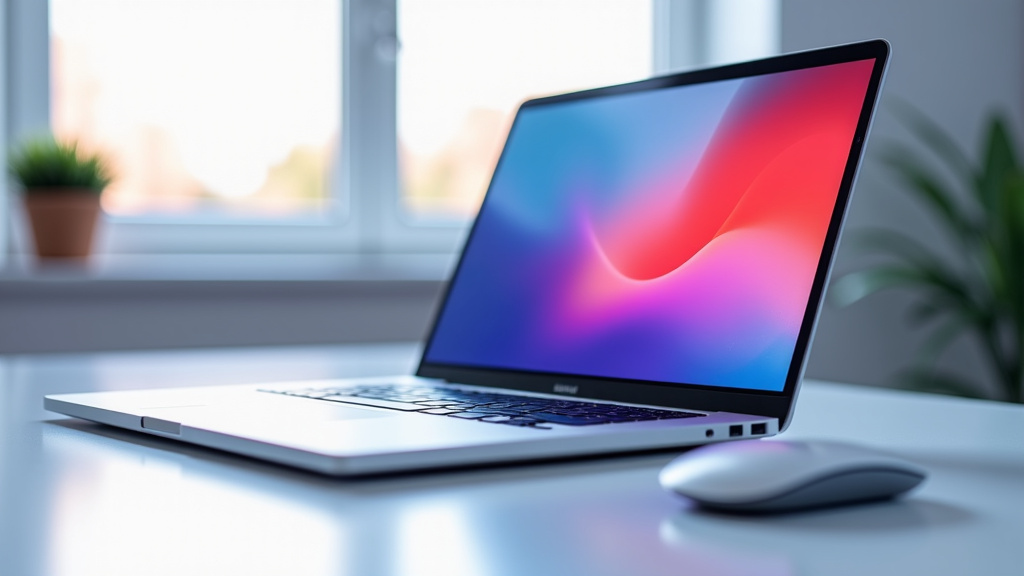 Minimalist Workspace with Laptop and Ambient Lighting A modern, minimalist workspace featuring a sleek laptop and soft ambient lighting.
