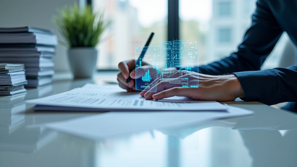 Sleek Modern Office with Digital Interface A professional's hands interact with a transparent digital interface in a sleek office setting.