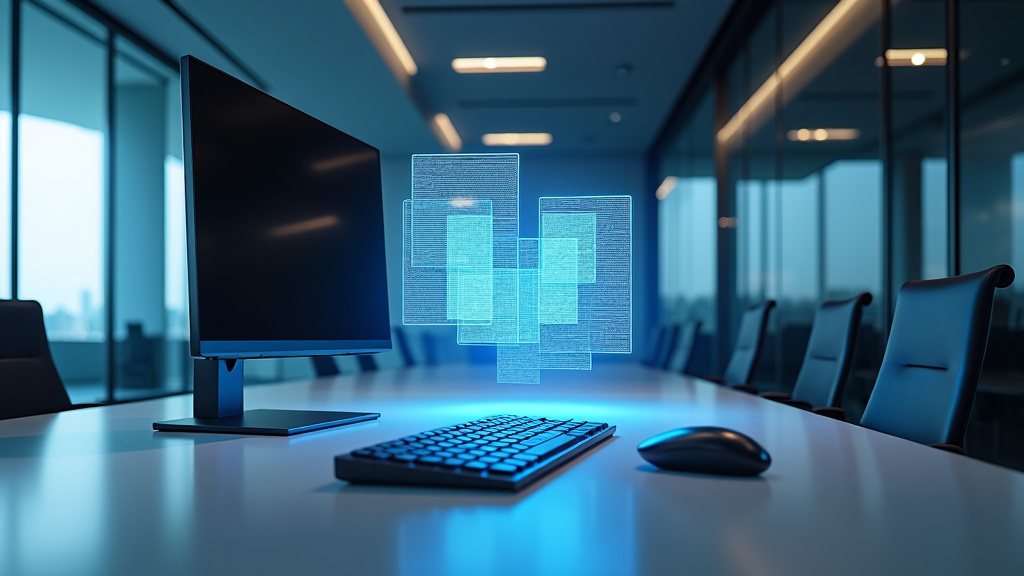Sleek Modern Office with Holographic Technology A sleek, modern office with minimalist desk and holographic display of 3D documents.
