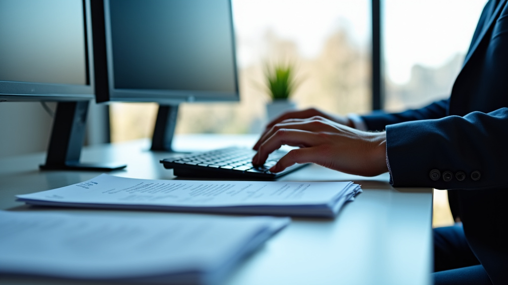 Modern Office Workspace A sleek, modern office setting with multiple monitors and advanced desktop scanner.