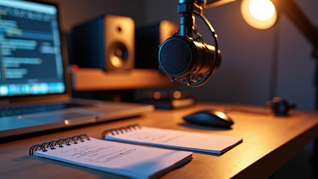 Sleek Modern Recording Studio Setup A modern recording studio setup with a wireless microphone and minimalist wooden desk.