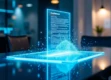 A sleek, modern workspace with a floating holographic display and glowing blue digital particles.