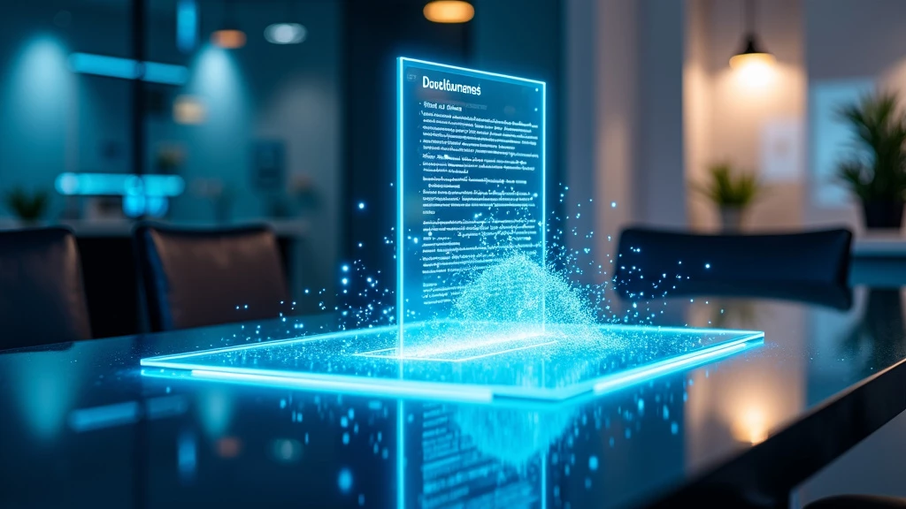 A sleek, modern workspace with a floating holographic display and glowing blue digital particles.