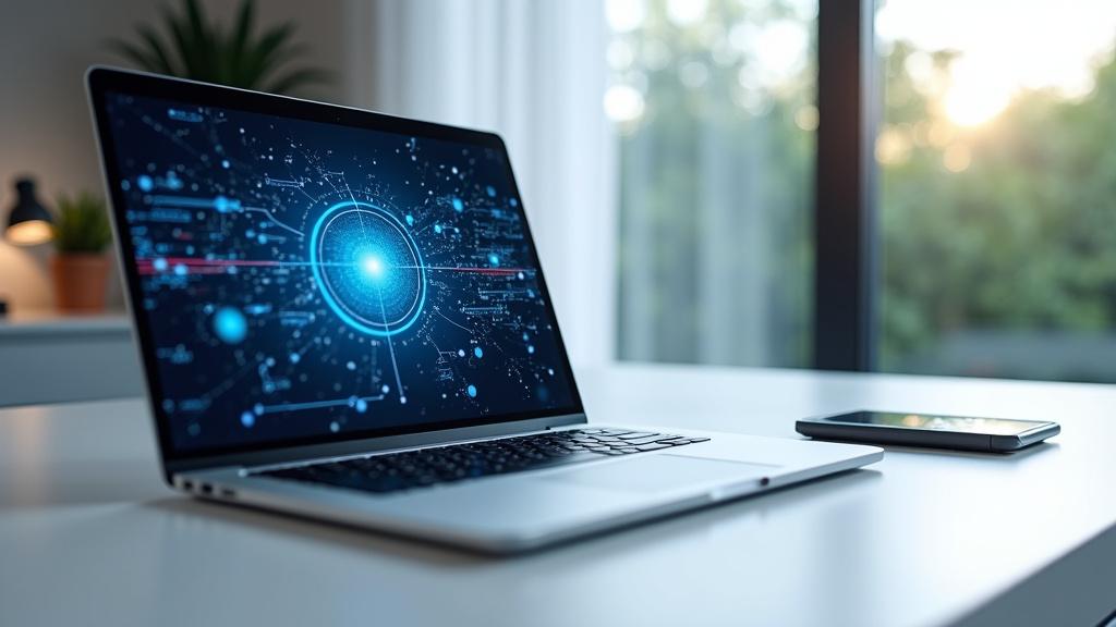 Modern Minimalist Workspace with Holographic Visualization A sleek laptop on a clean white desk with a dark blue holographic visualization above, depicting a digital network analysis.