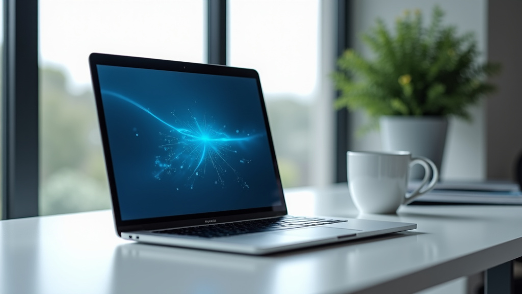 Modern Minimalist Workspace with Technology Elements A modern, minimalist workspace featuring a sleek laptop and elegant coffee mug on a white desk with soft natural lighting.