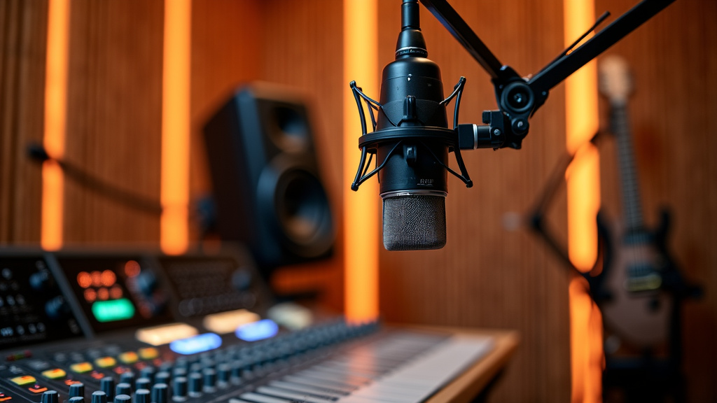 Modern Recording Studio Setup A sleek, modern recording studio with a high-end microphone and mixing console.