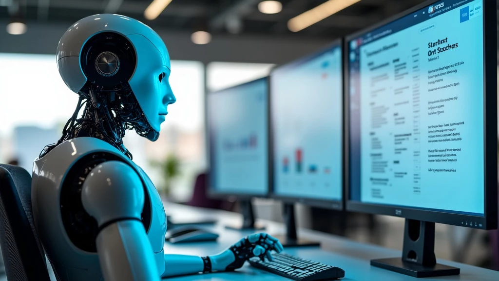 AI robot examining diverse startup pitches on digital screens in a futuristic office setting