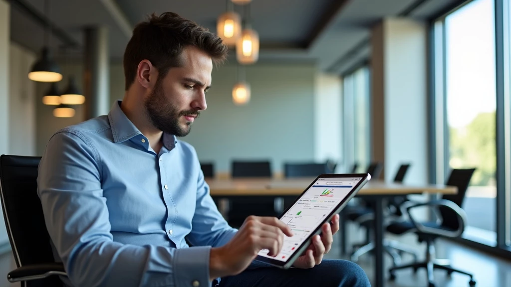 Business owner comparing different Amazon automation tools on a tablet in an office setting.