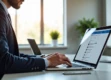 A business professional using a laptop at a modern desk with LinkedIn open on screen, soft daylight from a window, realistic office background.