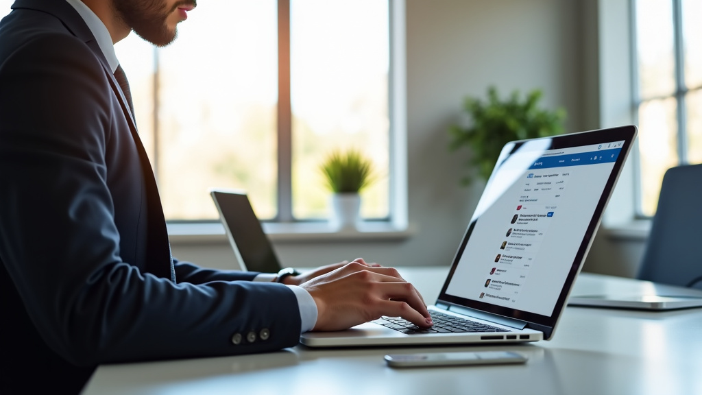 A business professional using a laptop at a modern desk with LinkedIn open on screen, soft daylight from a window, realistic office background.