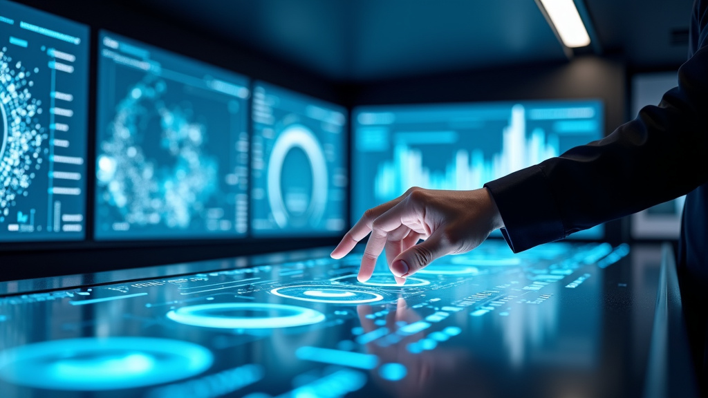 Futuristic Control Room with Holographic Interface A modern control room with holographic displays and a human hand reaching towards a glowing interface panel.