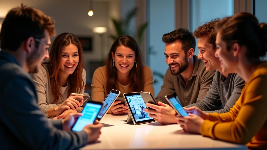Diverse group sharing and enjoying AI-created memes on various devices in a joyful atmosphere.