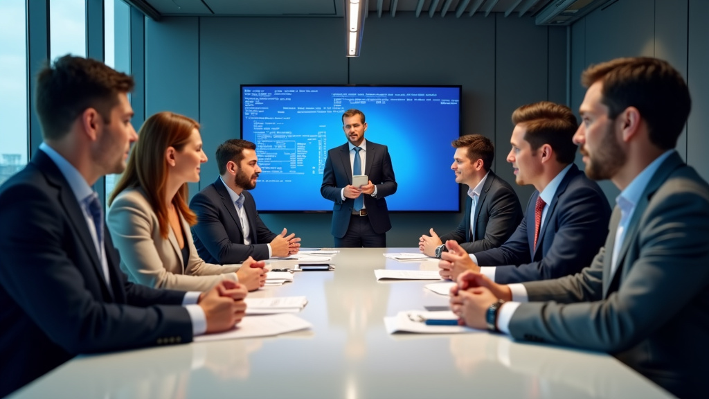 Diverse Startup Team Presenting AI Research Diverse startup team confidently presenting AI-enhanced research to investors in a sleek boardroom setting