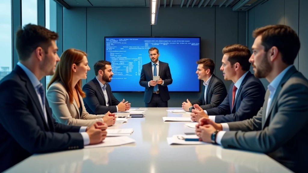 Diverse startup team confidently presenting AI-enhanced research to investors in a sleek boardroom setting
