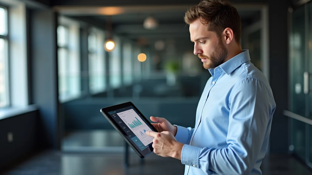 Entrepreneur using AI-powered tablet to analyze startup data with holographic charts floating above.