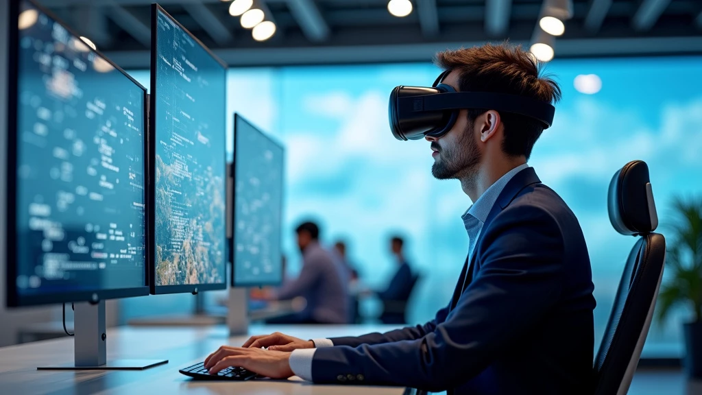 Founder using VR headset to navigate a 3D competitive landscape with AI-generated insights visible.
