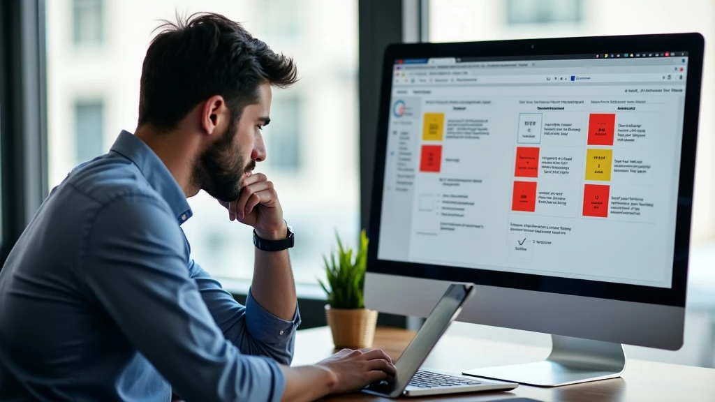 Frustrated entrepreneur facing error message on AI interface, with ethical considerations chart nearby