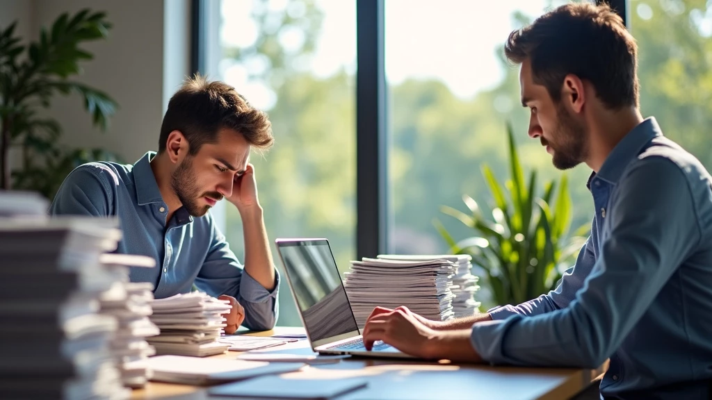 Frustrated seller surrounded by piles of handwritten product reviews, contrasted with a relaxed seller using a laptop with an automated review system.