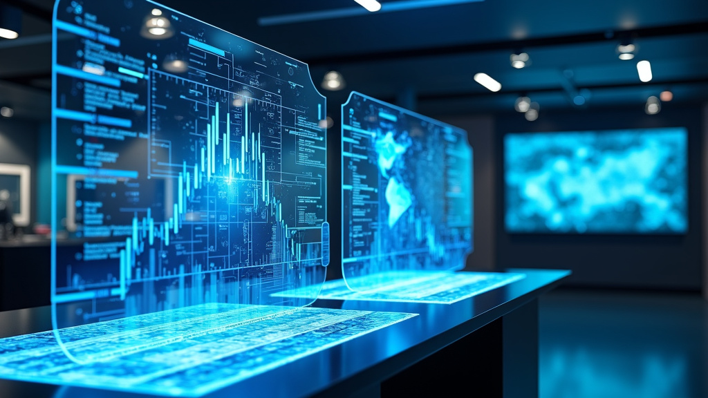 Futuristic Office Space with Holographic Interfaces A sophisticated office space with holographic displays and a minimalist desk.