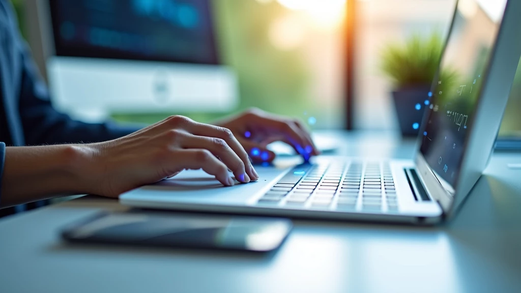 A serene modern office workspace featuring a human hand on a keyboard and a holographic AI interface with blue patterns.