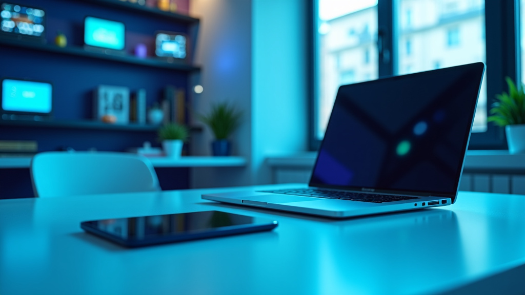 Sleek Modern Workspace with Holographic Screens A modern, minimalist workspace with a laptop and smartphone on a desk, featuring holographic screens and ambient lighting.