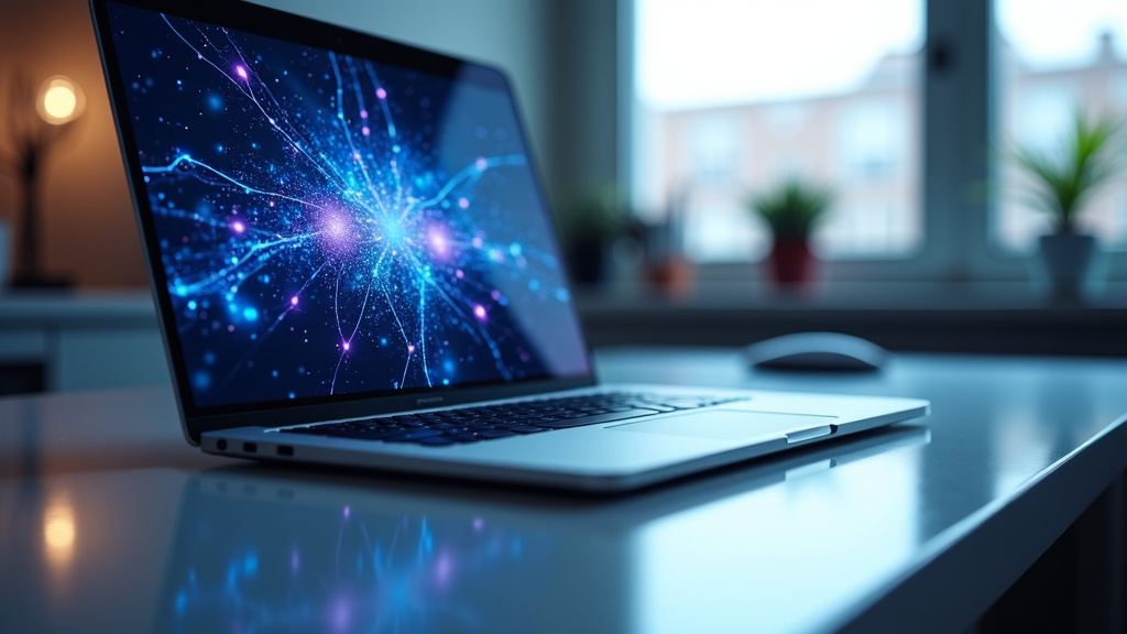 Futuristic Workstation with Holographic Projections A sleek, modern workstation with minimalist desk and high-end laptop displaying neural network patterns.