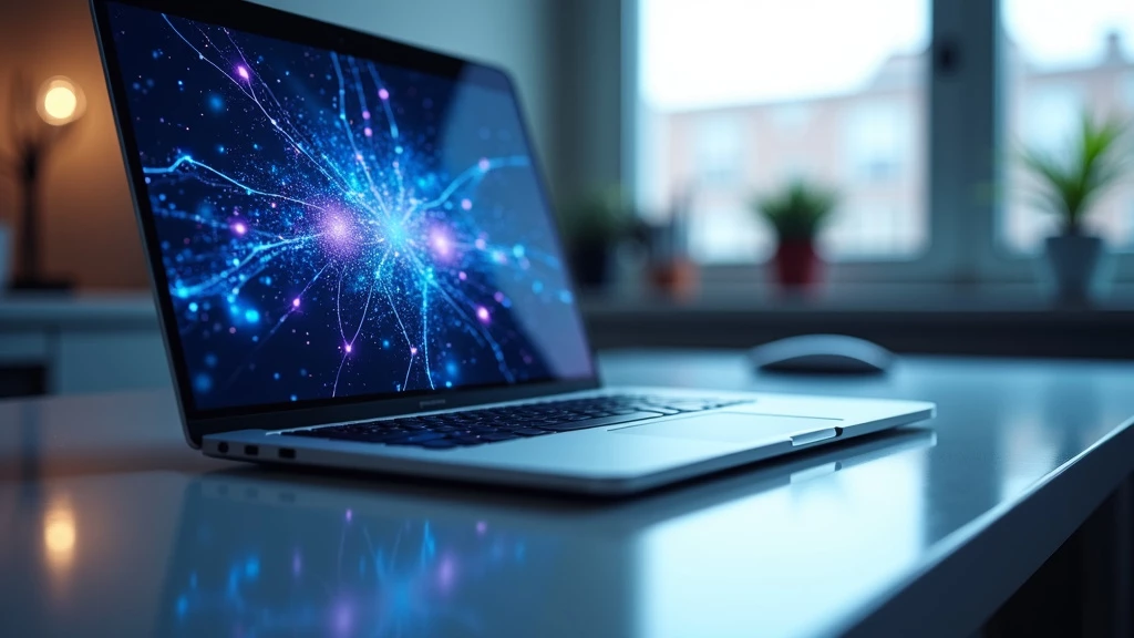 A sleek, modern workstation with minimalist desk and high-end laptop displaying neural network patterns.