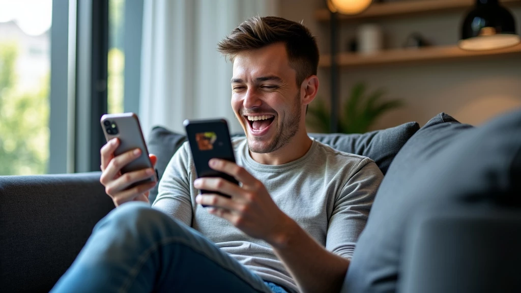 Person laughing at a smartphone screen displaying an AI-generated meme, surrounded by social media icons.