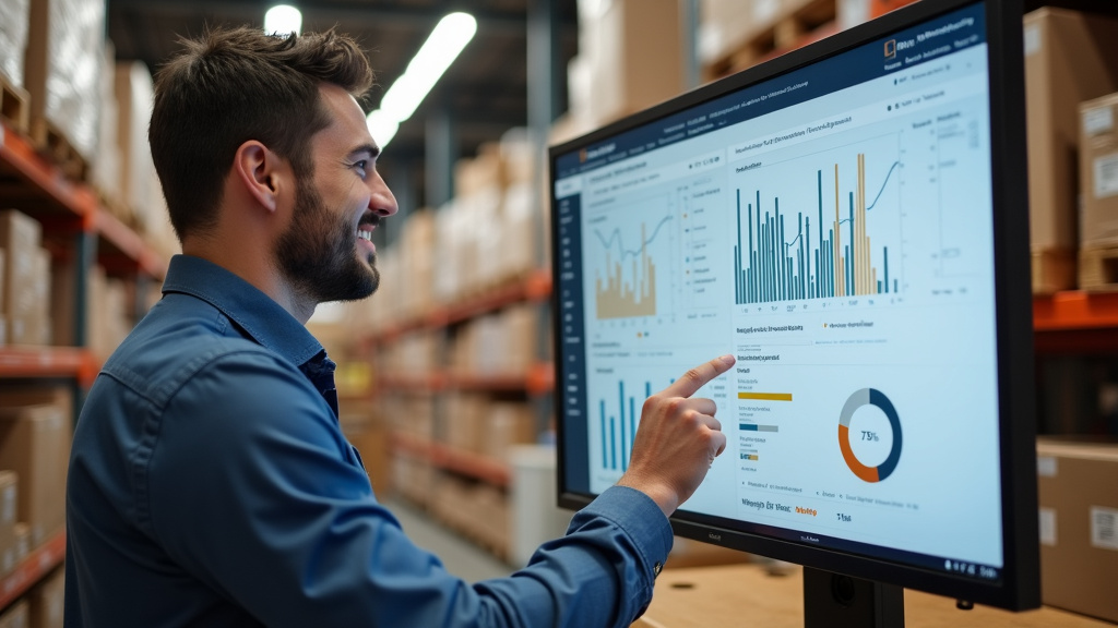 Smiling Amazon Seller Reviewing Positive Metrics Smiling Amazon seller looking at positive review metrics on large monitor, surrounded by shipping boxes in warehouse