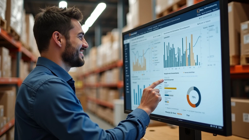 Smiling Amazon seller looking at positive review metrics on large monitor, surrounded by shipping boxes in warehouse